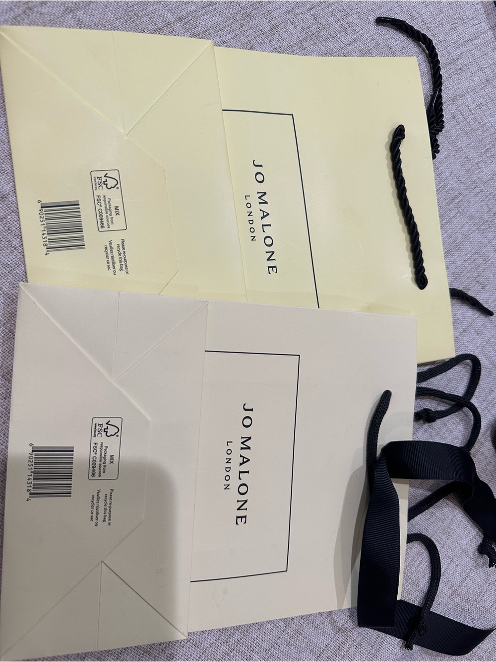 Jo Malone Cream and Pale Yellow Branded Gift Bags with Black Handles 2 pcs set